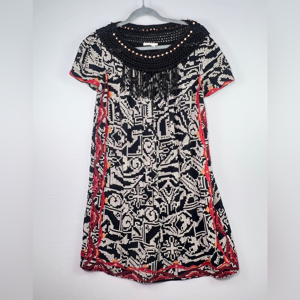 Anthropologie Floreat Albelia Dress Black & White Patterned Fringe Embroidery